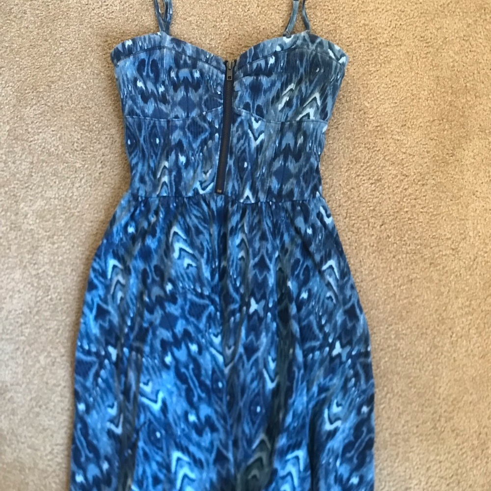 cute blue patterned spaghetti strap dress with zipper in front
